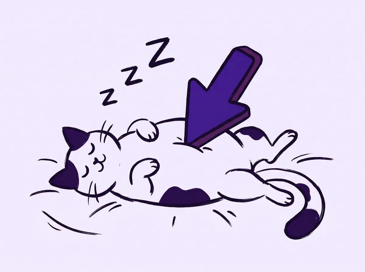 A sleeping cat with a big pointer arrow resting on its belly
